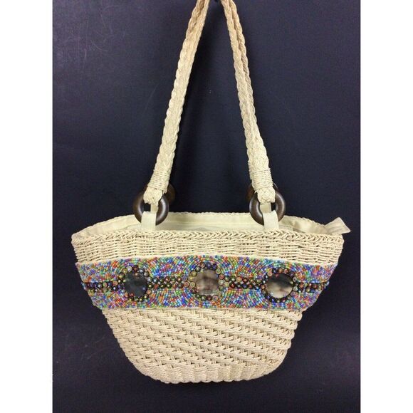 Cappelli Straw Handbag Tote Beaded Shells Vacation Beach Cruise Summer Straworld - Picture 1 of 10